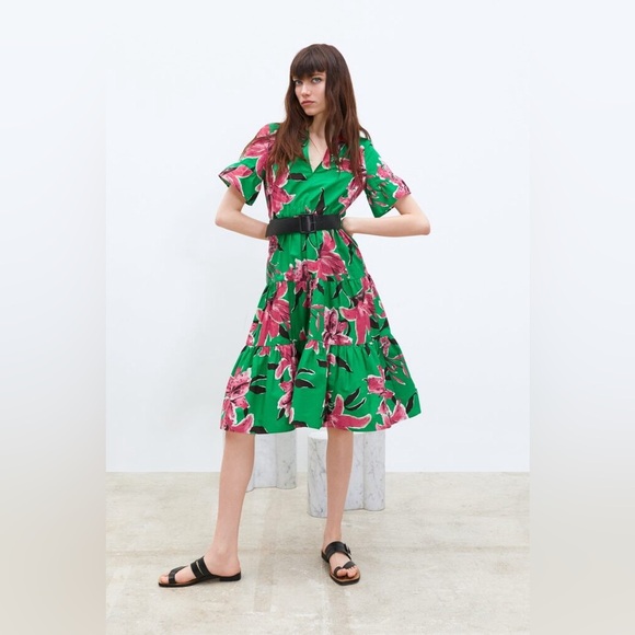 Zara Green Pink Floral Pattern Tiered Midi Dress size small - Picture 14 of 14